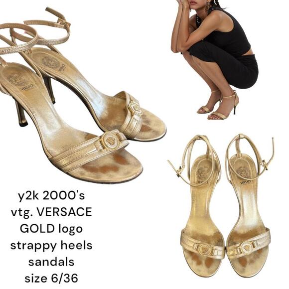 Authentic y2k 2000's vtg. Gold Logo Versace Strappy heels size‎ 6/36. - Picture 1 of 7